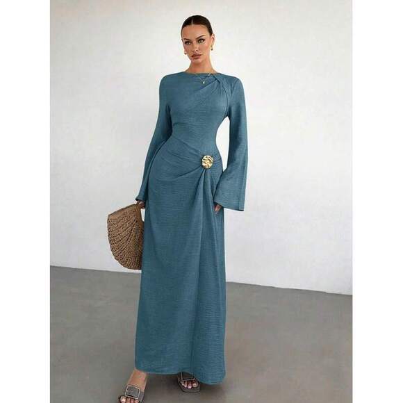 Dresses & Skirts - Siren Gaze Dusty Blue Twist Front Metal Buckle Flare Long Sleeve